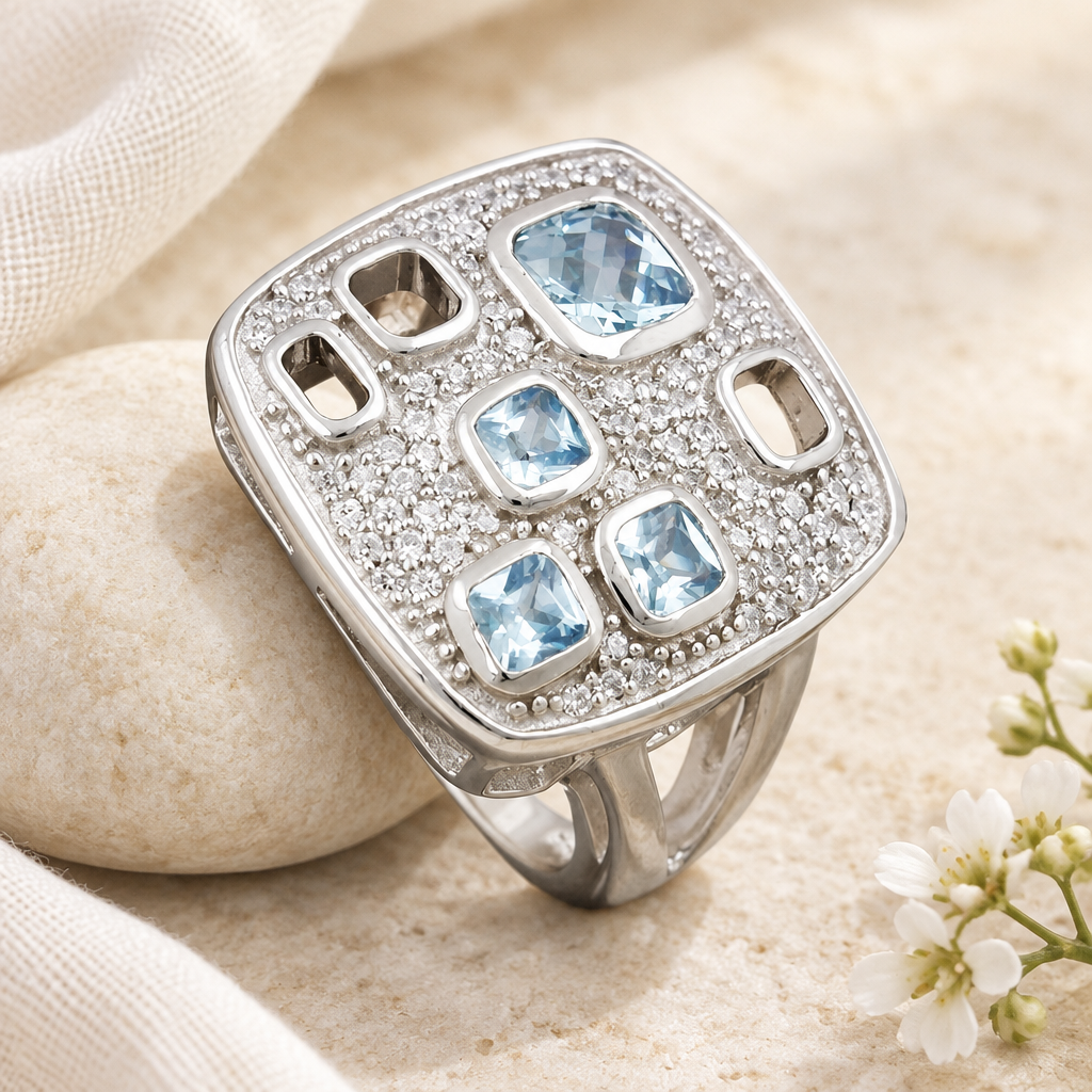 Silberring mit Aqua-Zirkonia an einem hellen Kiesel angelehnt, mit cremefarbenem Leinen und weißen Blüten