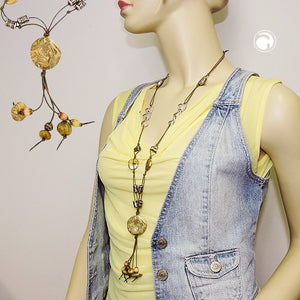 Kette Kunststoffperlen oliv-weiß altsilberfarben Kordel olivgrün 90cm